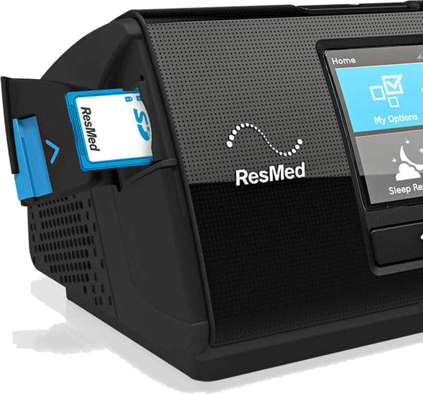 ResMed AirSense 10 with the SD card ejected from the slot on the side
