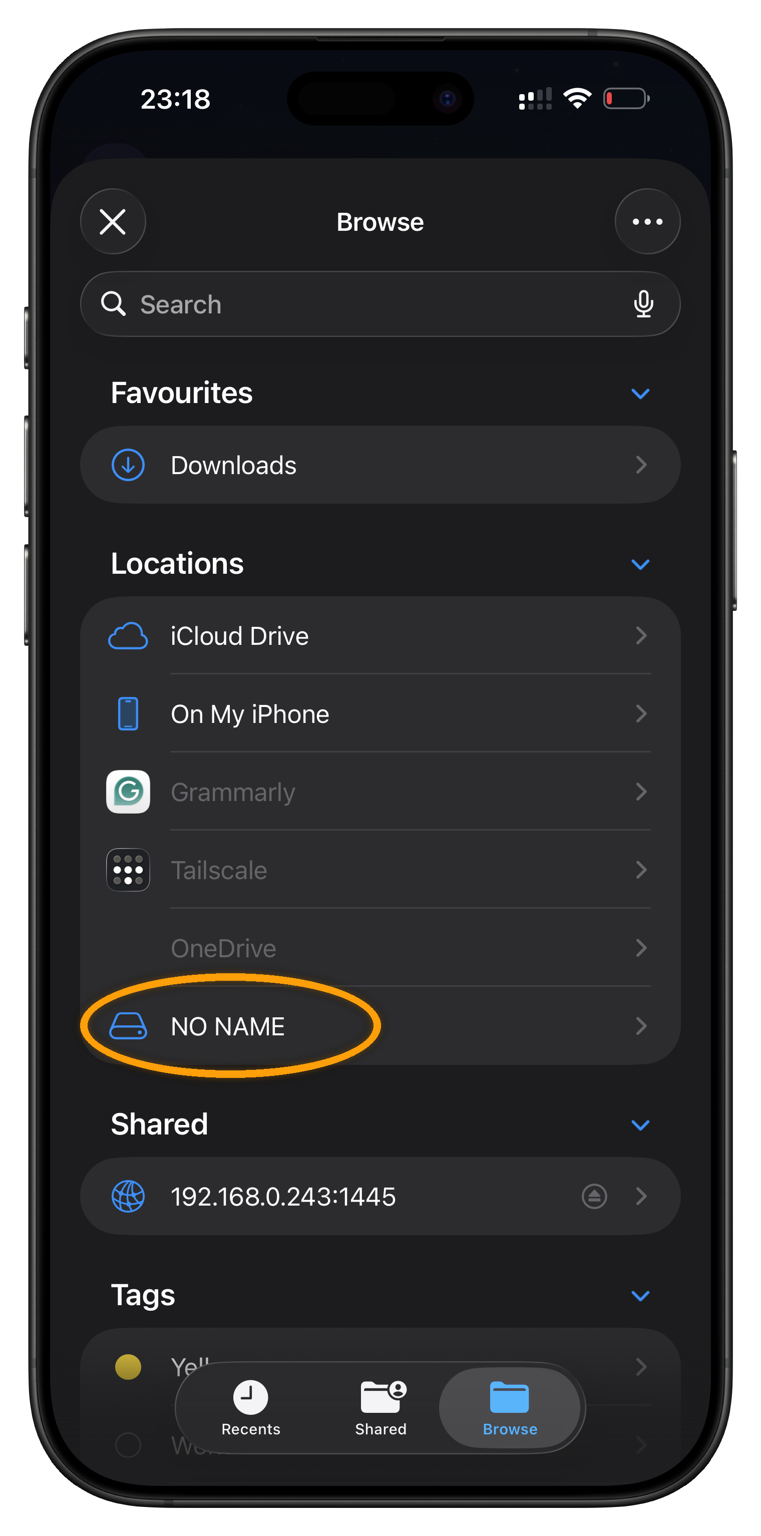 iOS Browse screen with NO NAME, the SD card, circled under Locations
