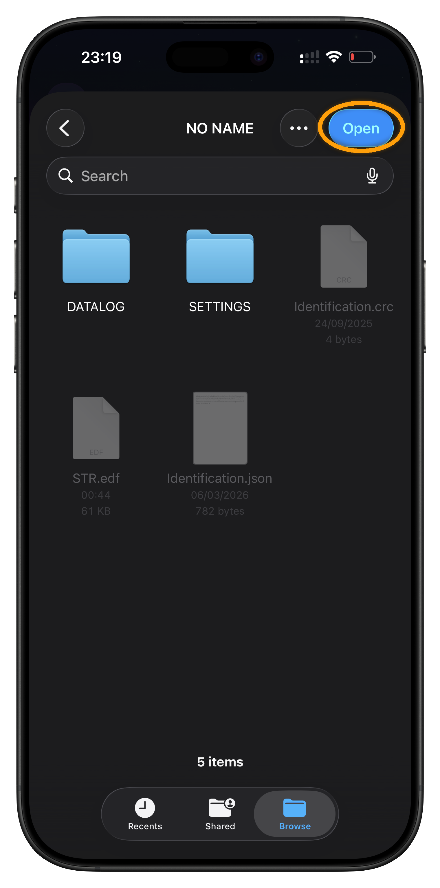 Inside the SD card showing DATALOG and SETTINGS, with the Open button circled